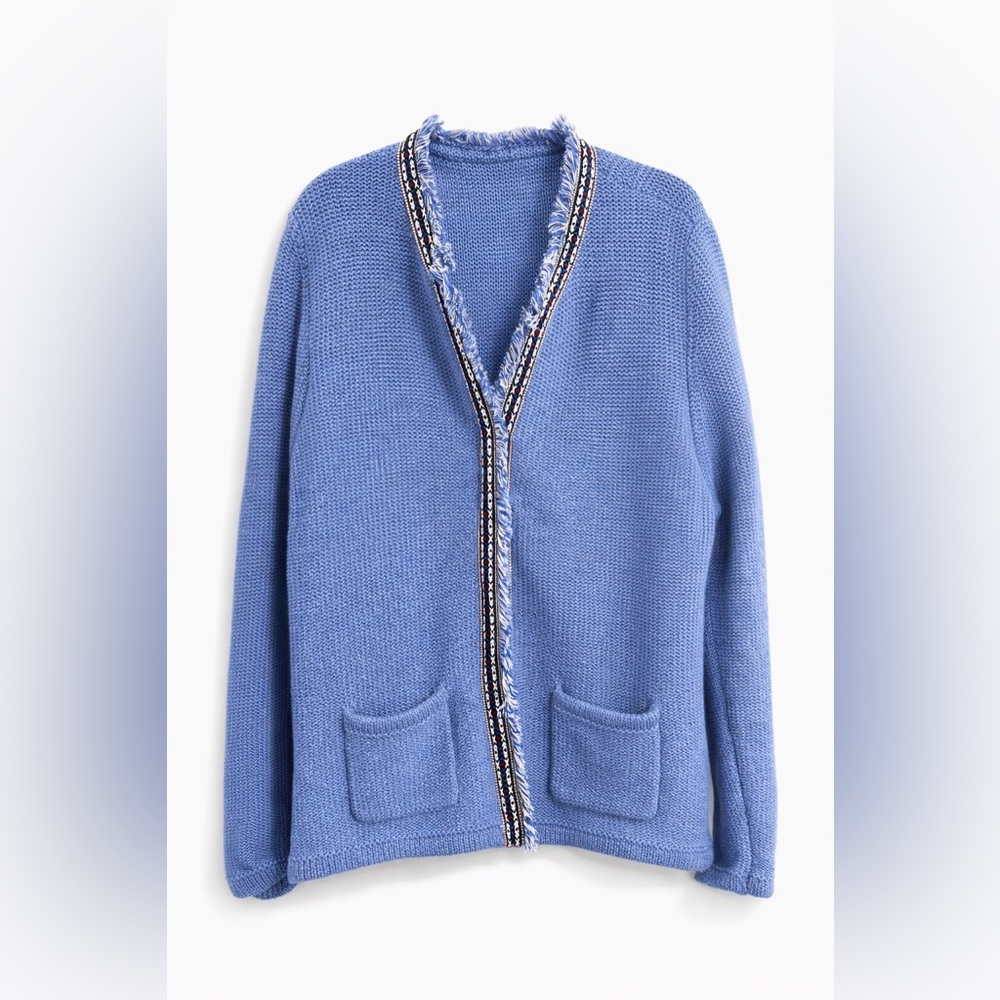 J.McLaughlin Blue Textured Knit Cardigan Fringe Trim Open Front Pockets Size L